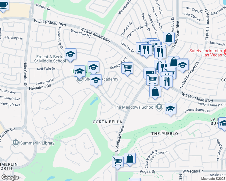 map of restaurants, bars, coffee shops, grocery stores, and more near 2021 Waterbury Lane in Las Vegas
