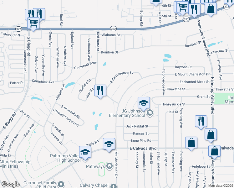 map of restaurants, bars, coffee shops, grocery stores, and more near 591 East Tacoma Road in Pahrump