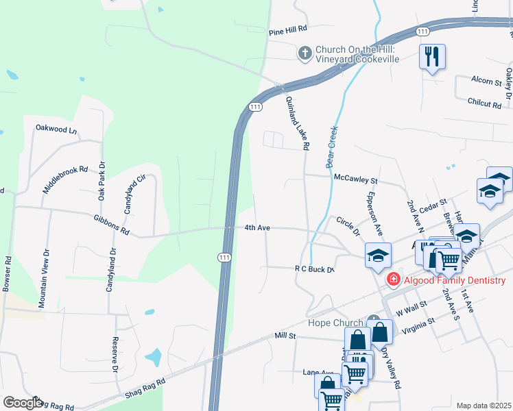 map of restaurants, bars, coffee shops, grocery stores, and more near 360 4th Avenue North in Cookeville