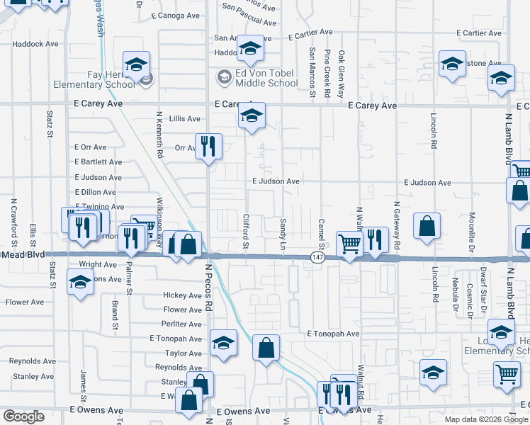 map of restaurants, bars, coffee shops, grocery stores, and more near 2101 Sandy Lane in Las Vegas