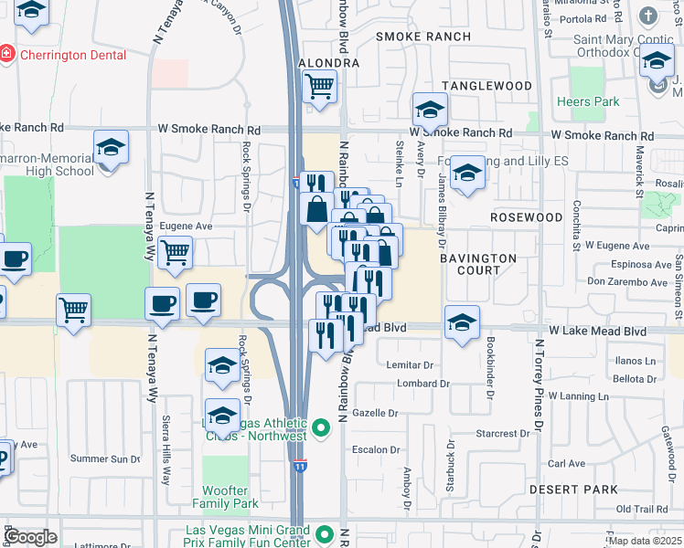 map of restaurants, bars, coffee shops, grocery stores, and more near 2001 N Rainbow Blvd in Las Vegas