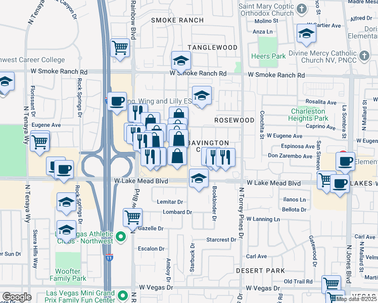 map of restaurants, bars, coffee shops, grocery stores, and more near 12c Bavington Drive in Las Vegas