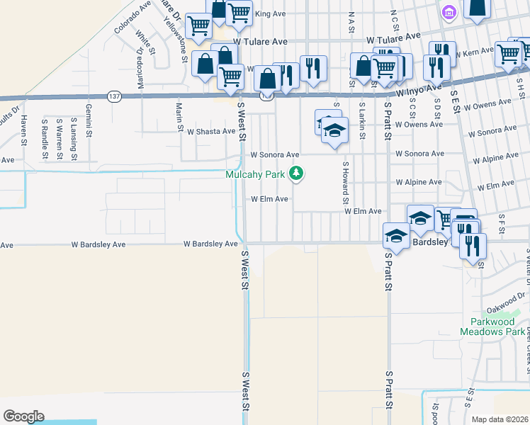 map of restaurants, bars, coffee shops, grocery stores, and more near 630 South Los Angeles Street in Tulare