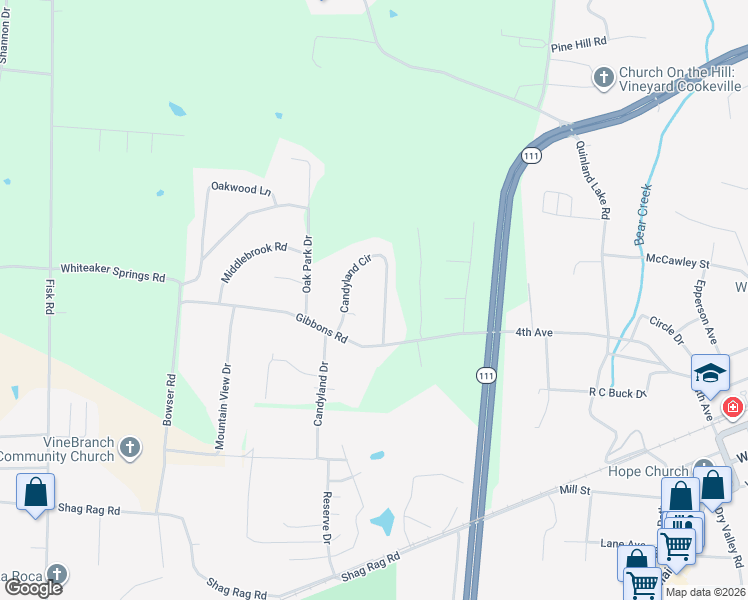 map of restaurants, bars, coffee shops, grocery stores, and more near 2435 Candyland Circle in Cookeville
