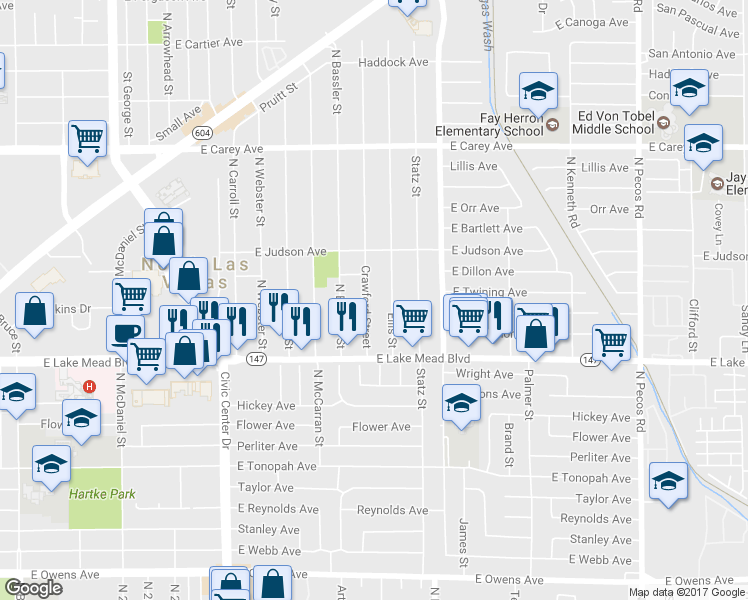 map of restaurants, bars, coffee shops, grocery stores, and more near 2116 North Crawford Street in North Las Vegas