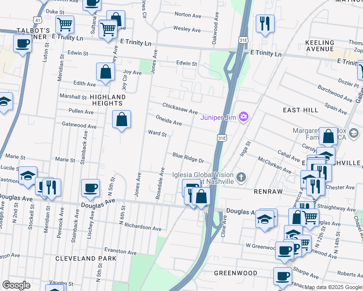 map of restaurants, bars, coffee shops, grocery stores, and more near 1506 Montgomery Avenue in Nashville