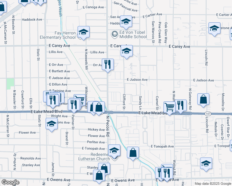 map of restaurants, bars, coffee shops, grocery stores, and more near 2182 North Pecos Road in Las Vegas