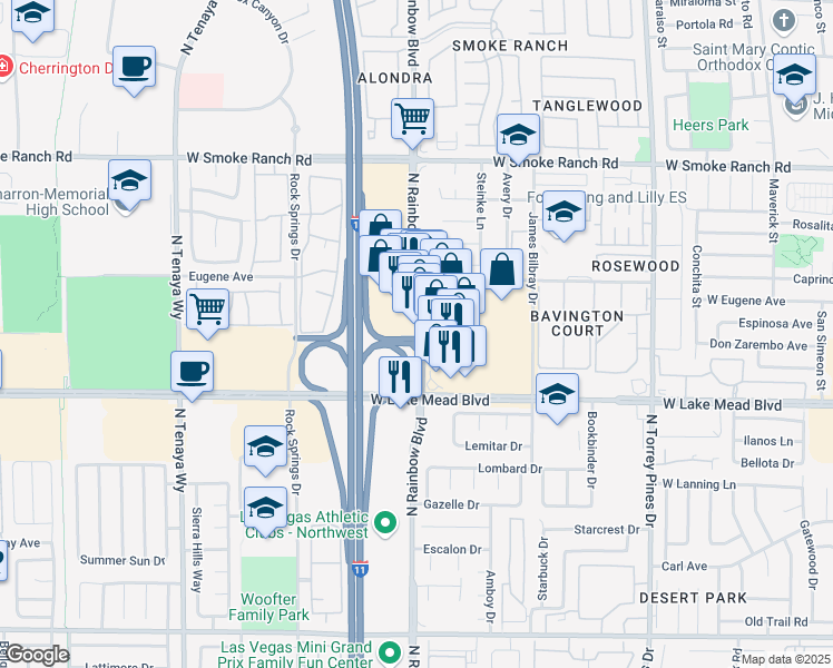 map of restaurants, bars, coffee shops, grocery stores, and more near 2001 North Rainbow Boulevard in Las Vegas