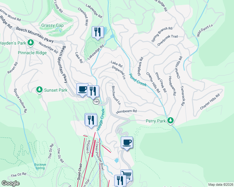 map of restaurants, bars, coffee shops, grocery stores, and more near 126 Birchwood Lane in Beech Mountain
