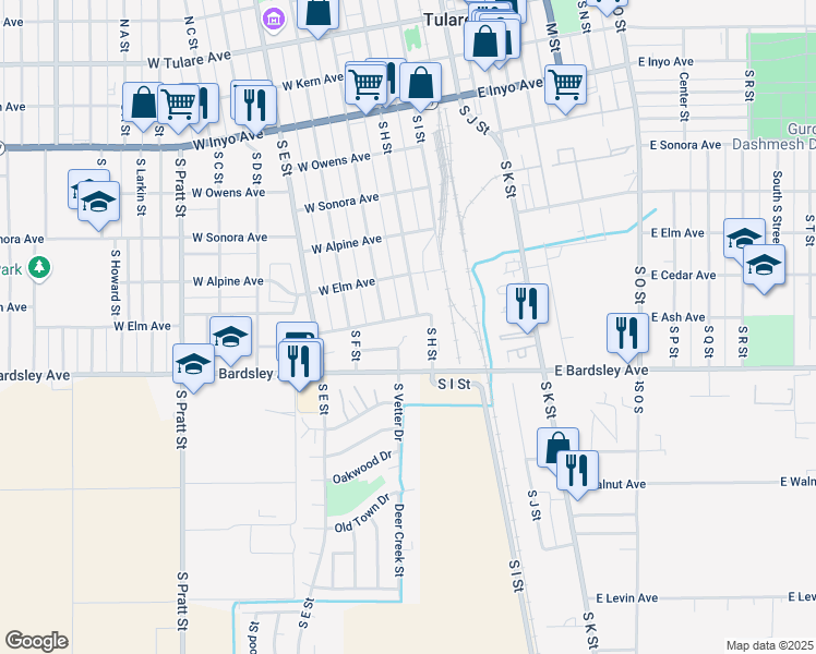 map of restaurants, bars, coffee shops, grocery stores, and more near 225 West Cedar Avenue in Tulare