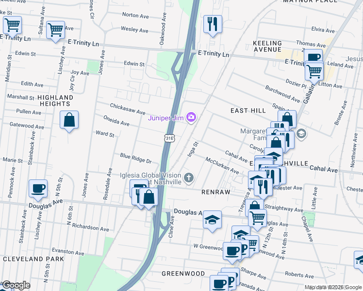 map of restaurants, bars, coffee shops, grocery stores, and more near 1517 Jewell Street in Nashville