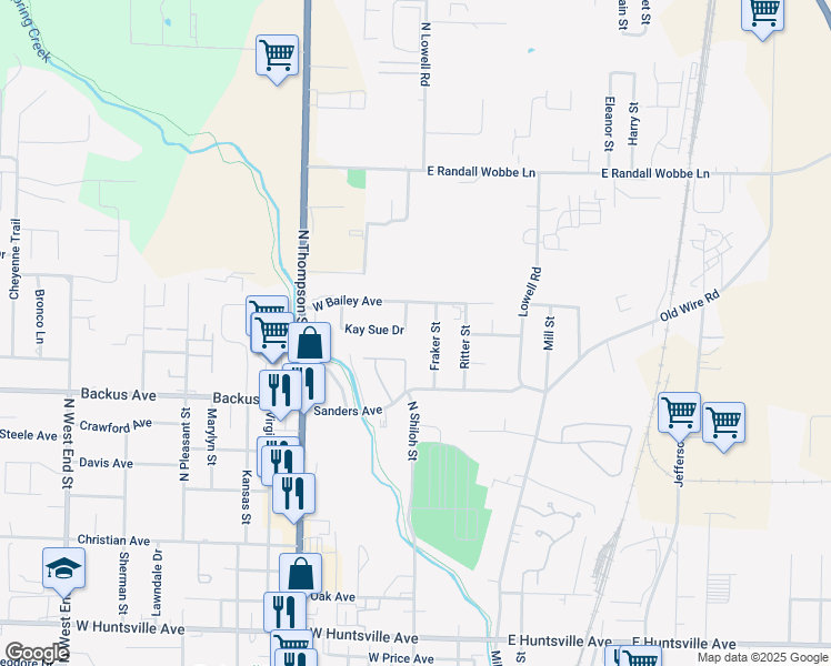map of restaurants, bars, coffee shops, grocery stores, and more near 609 Kay Sue Drive in Springdale