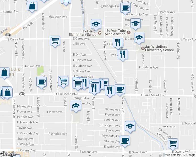 map of restaurants, bars, coffee shops, grocery stores, and more near 3405 East Twining Avenue in North Las Vegas