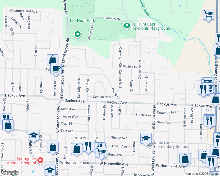 map of restaurants, bars, coffee shops, grocery stores, and more near 1406 Overo Circle in Springdale
