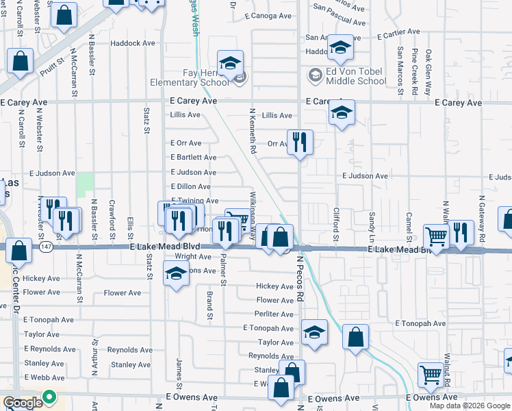 map of restaurants, bars, coffee shops, grocery stores, and more near 3501 East Twining Avenue in North Las Vegas