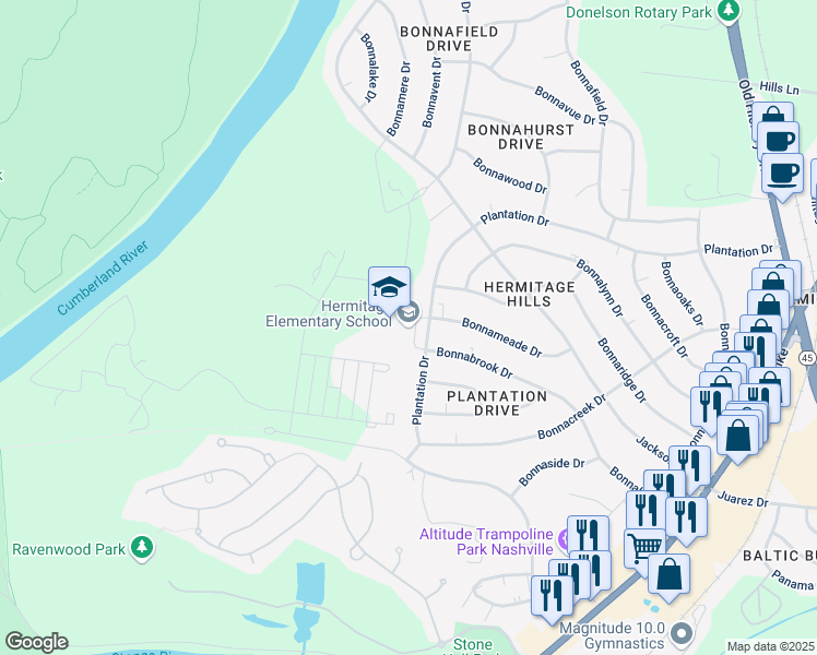 map of restaurants, bars, coffee shops, grocery stores, and more near 3800 Plantation Drive in Nashville