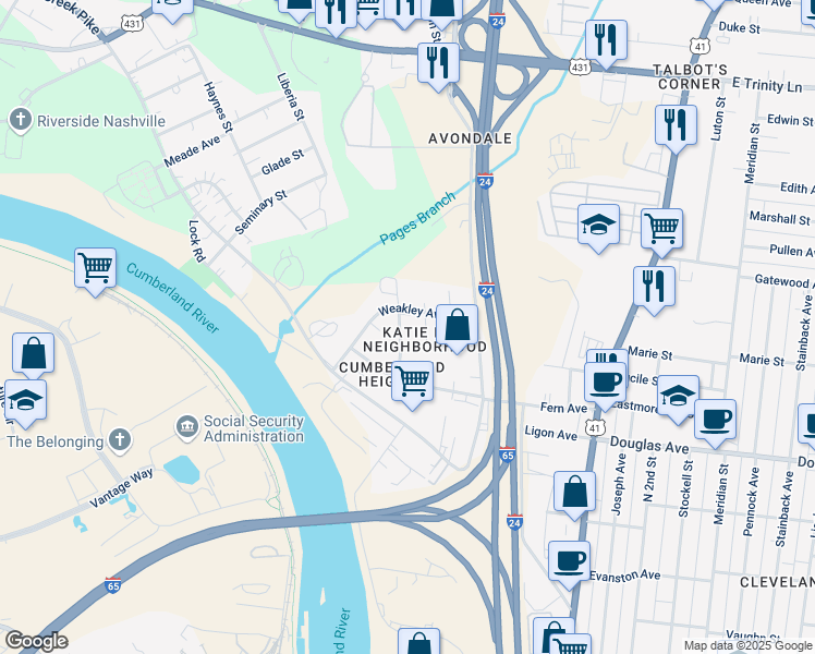 map of restaurants, bars, coffee shops, grocery stores, and more near 1225A Katie Avenue in Nashville