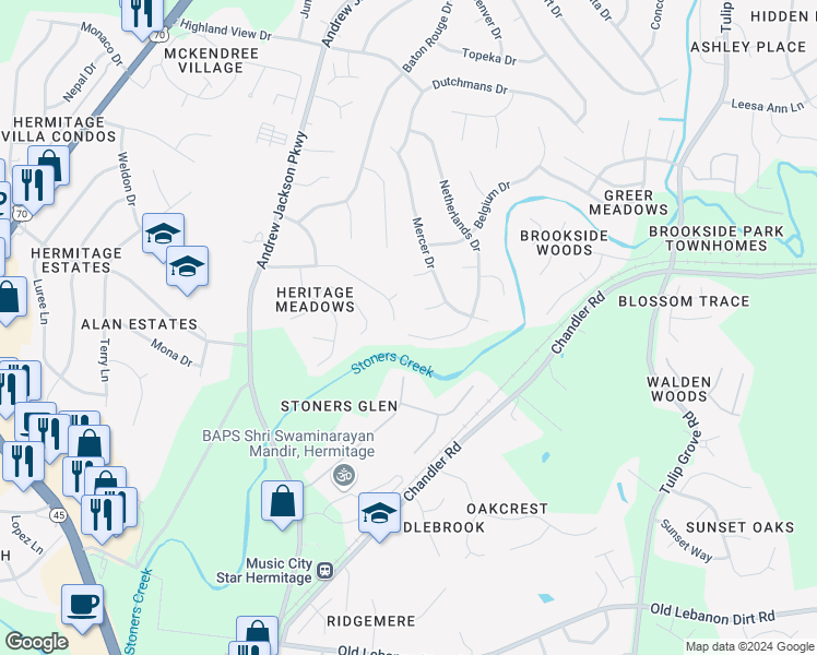 map of restaurants, bars, coffee shops, grocery stores, and more near 834 Netherlands Drive in Nashville