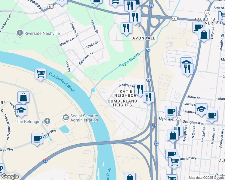 map of restaurants, bars, coffee shops, grocery stores, and more near 506 Vester Avenue in Nashville