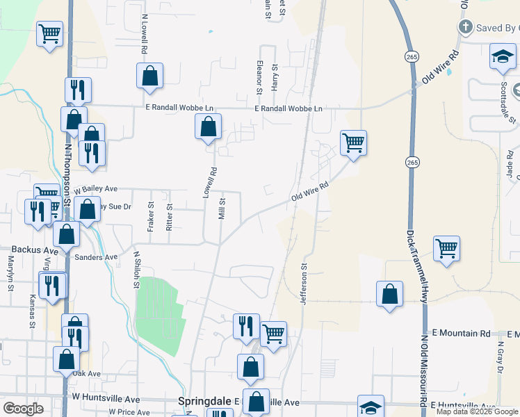 map of restaurants, bars, coffee shops, grocery stores, and more near 360 Old Wire Rd in Springdale