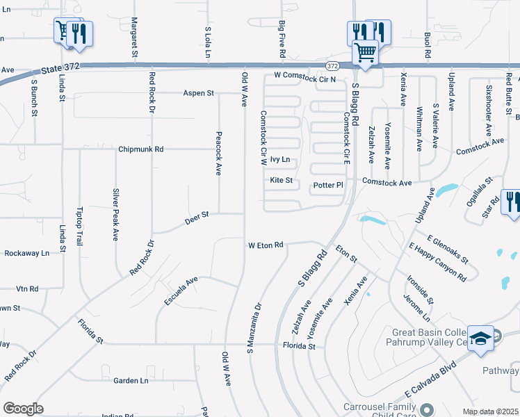 map of restaurants, bars, coffee shops, grocery stores, and more near 1510 Comstock Circle West in Pahrump