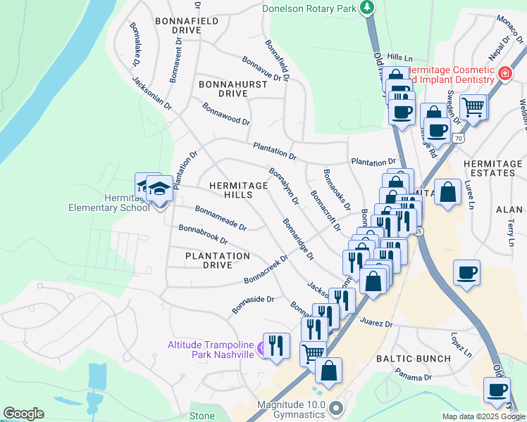 map of restaurants, bars, coffee shops, grocery stores, and more near 227 Jacksonian Drive in Nashville