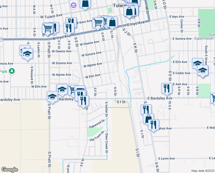 map of restaurants, bars, coffee shops, grocery stores, and more near 225 West Cedar Avenue in Tulare
