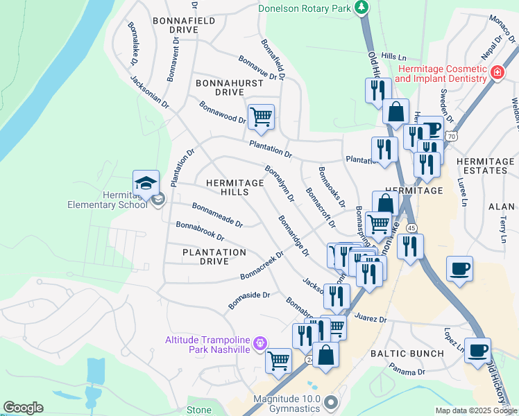 map of restaurants, bars, coffee shops, grocery stores, and more near 227 Jacksonian Drive in Nashville