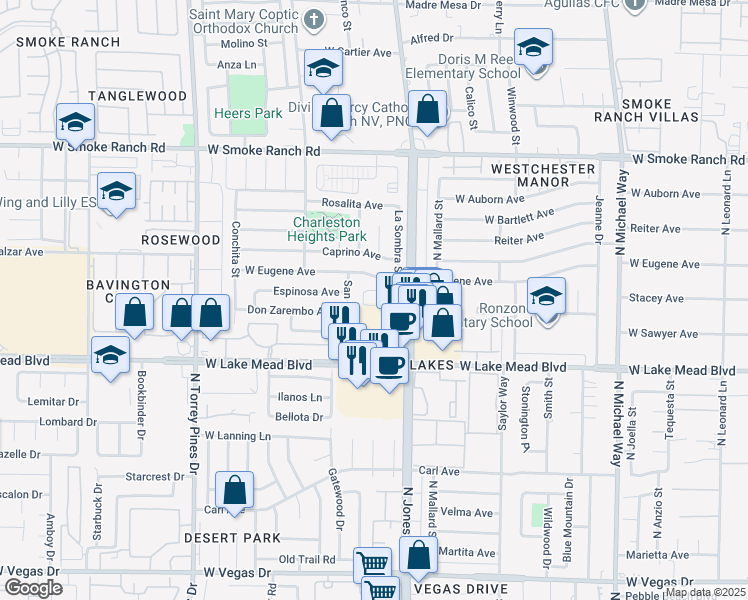 map of restaurants, bars, coffee shops, grocery stores, and more near 6148 Ethel May Avenue in Las Vegas