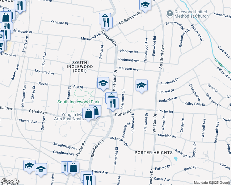 map of restaurants, bars, coffee shops, grocery stores, and more near 1801 Riverside Drive in Nashville