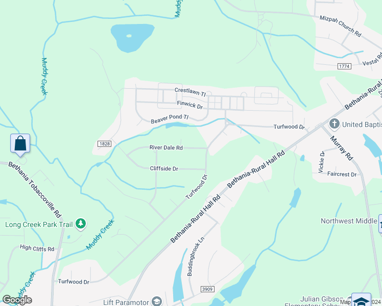 map of restaurants, bars, coffee shops, grocery stores, and more near 1818 River Dale Road in Pfafftown