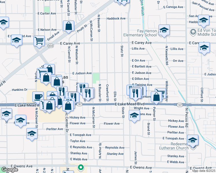 map of restaurants, bars, coffee shops, grocery stores, and more near 2112 North Crawford Street in North Las Vegas