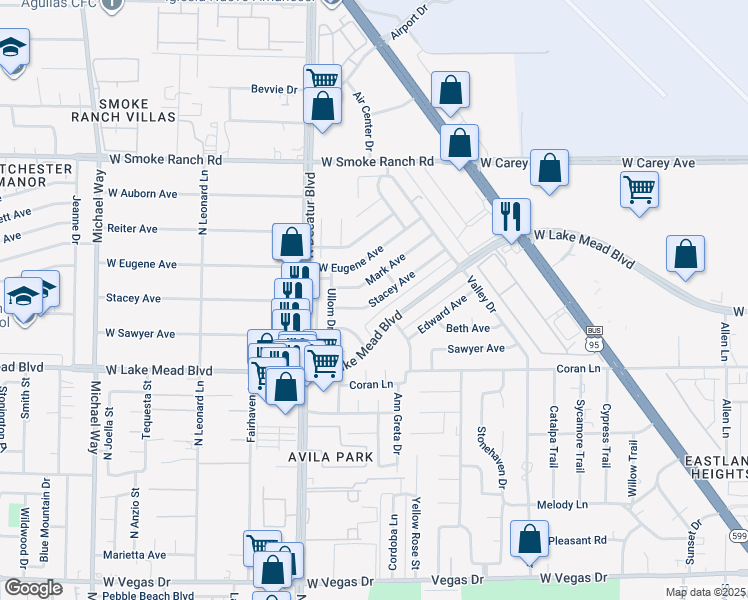 map of restaurants, bars, coffee shops, grocery stores, and more near 4566 Stacey Avenue in Las Vegas