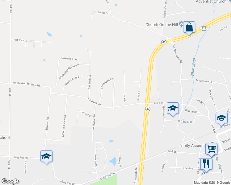 map of restaurants, bars, coffee shops, grocery stores, and more near 2435 Candyland Circle in Cookeville