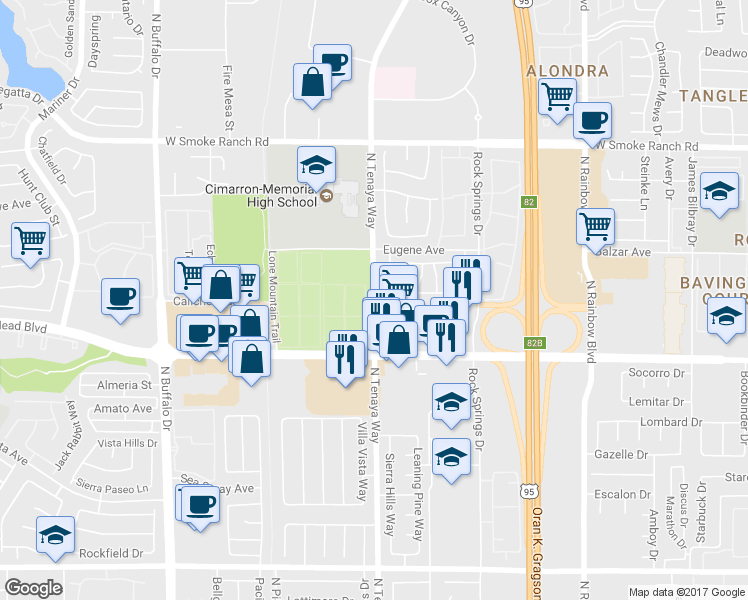 map of restaurants, bars, coffee shops, grocery stores, and more near 2150 North Tenaya Way in Las Vegas