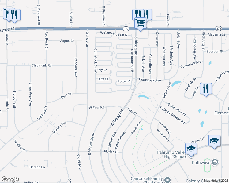 map of restaurants, bars, coffee shops, grocery stores, and more near South Comstock Circle in Pahrump