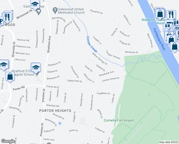 map of restaurants, bars, coffee shops, grocery stores, and more near 1808 Guest Drive in Nashville