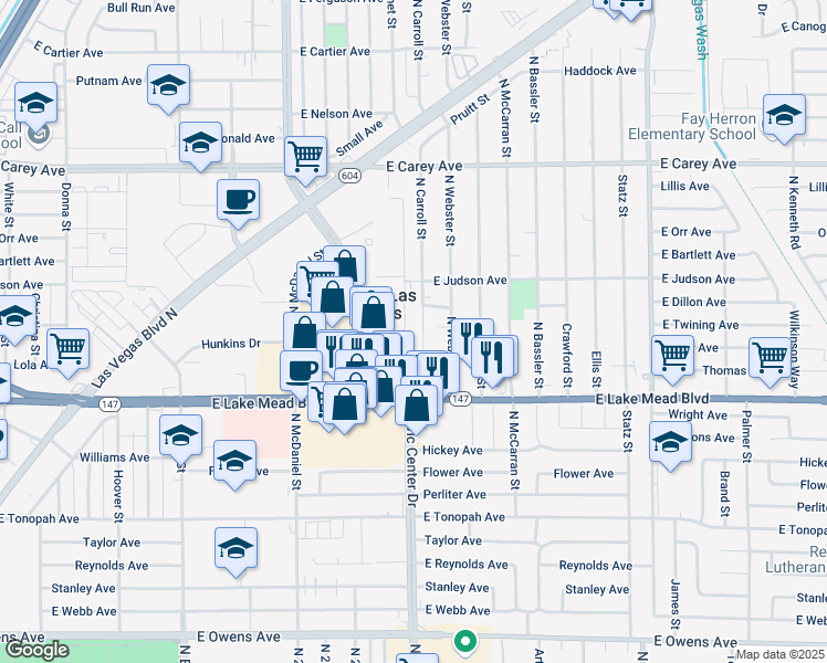map of restaurants, bars, coffee shops, grocery stores, and more near 2121 North Carroll Street in North Las Vegas