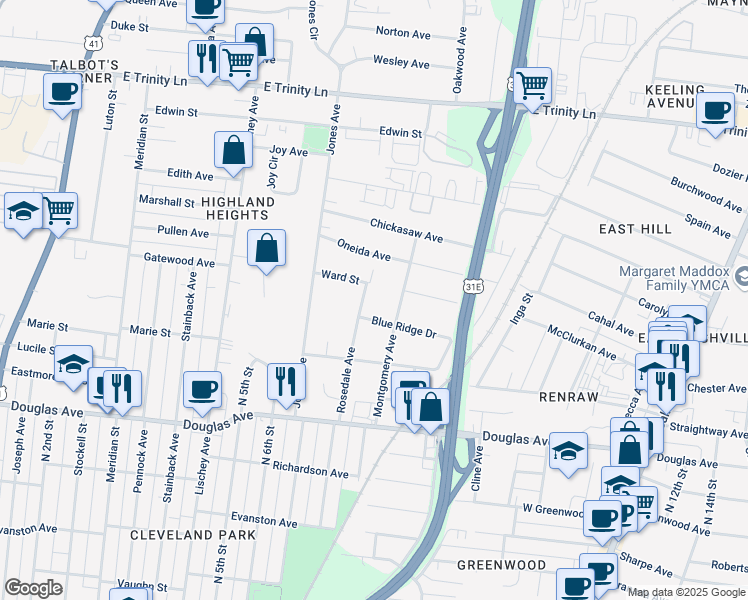 map of restaurants, bars, coffee shops, grocery stores, and more near 1506 Montgomery Avenue in Nashville
