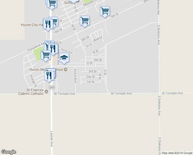 map of restaurants, bars, coffee shops, grocery stores, and more near 16590 2nd Street in Huron