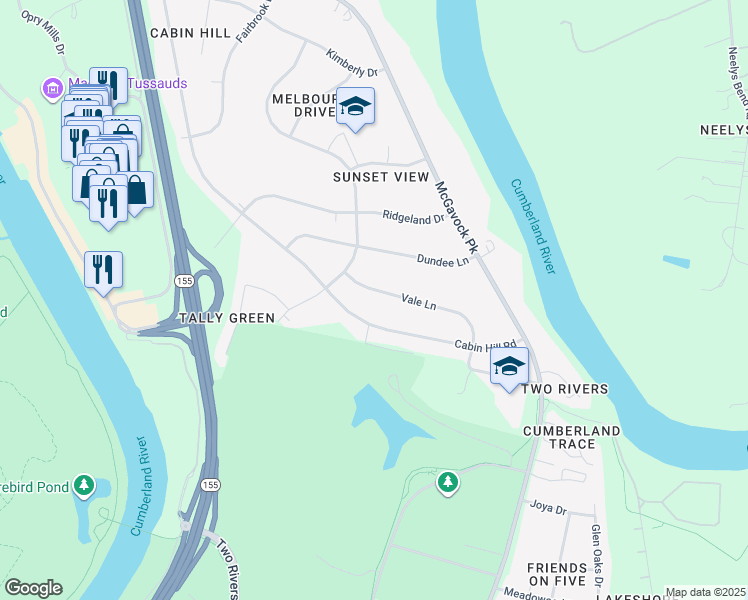 map of restaurants, bars, coffee shops, grocery stores, and more near 2411 Vale Lane in Nashville