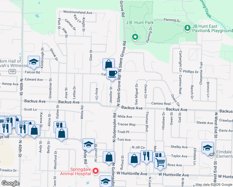 map of restaurants, bars, coffee shops, grocery stores, and more near 1400 Silent Grove Rd in Springdale