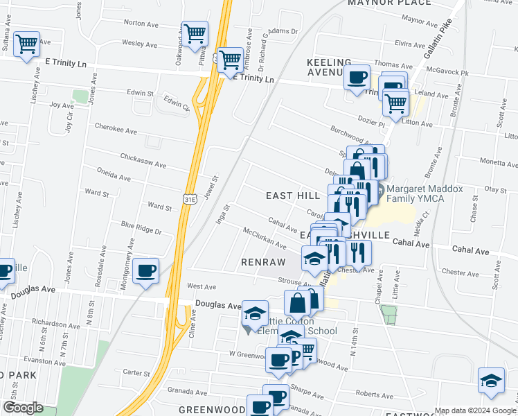 map of restaurants, bars, coffee shops, grocery stores, and more near 913 Cahal Avenue in Nashville