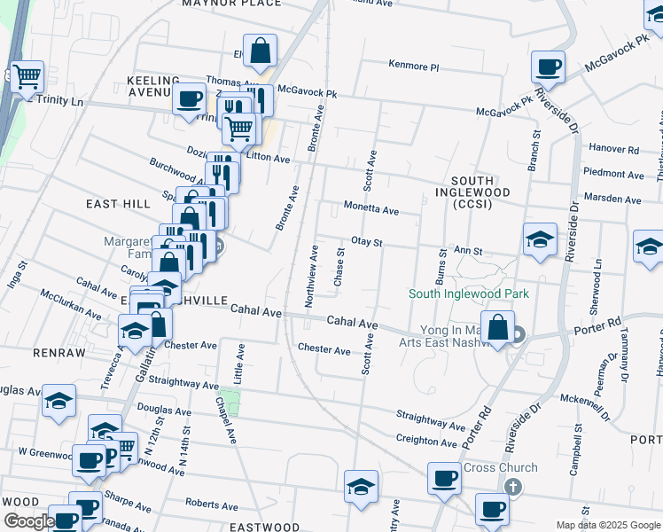 map of restaurants, bars, coffee shops, grocery stores, and more near 1628B Chase Street in Nashville