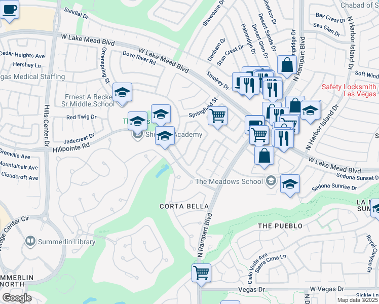 map of restaurants, bars, coffee shops, grocery stores, and more near 2108 Hillsgate Street in Las Vegas