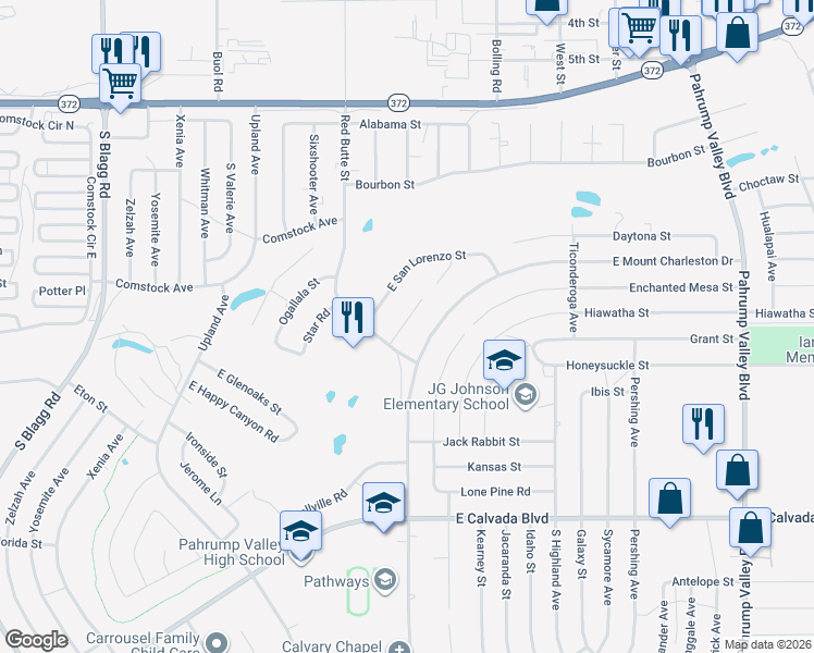 map of restaurants, bars, coffee shops, grocery stores, and more near 591 East Tacoma Road in Pahrump