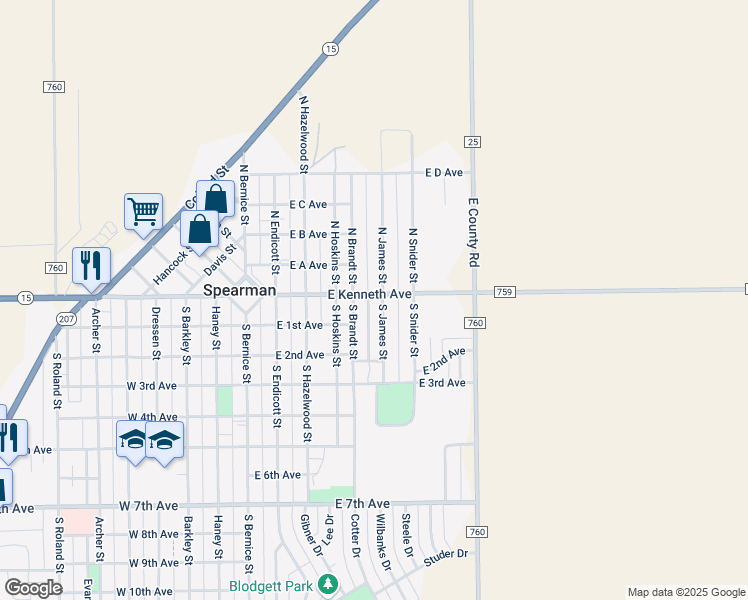 map of restaurants, bars, coffee shops, grocery stores, and more near 400-498 East Kenneth Avenue in Spearman