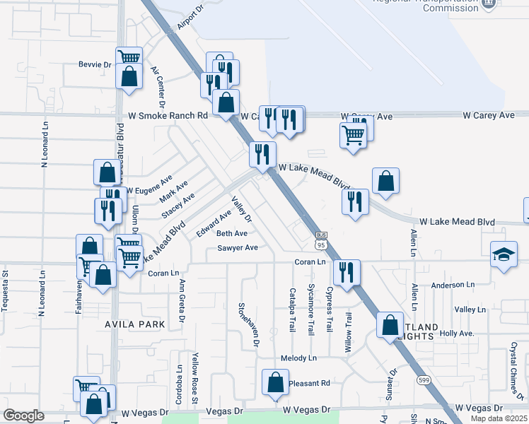 map of restaurants, bars, coffee shops, grocery stores, and more near 2131 Hussium Hills Street in Las Vegas