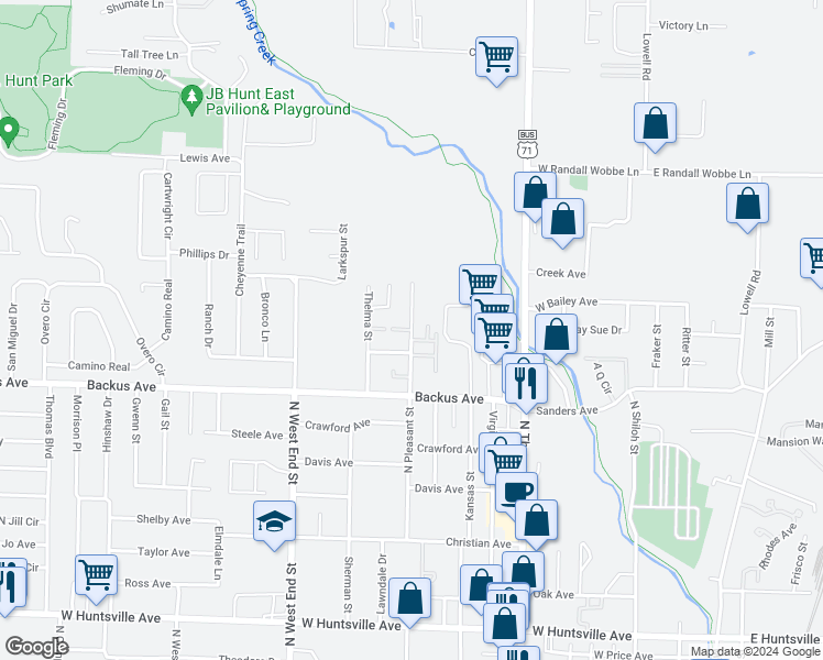 map of restaurants, bars, coffee shops, grocery stores, and more near 1300 Keona Place in Springdale