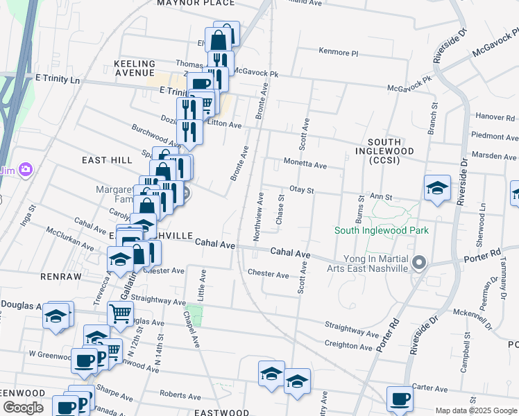 map of restaurants, bars, coffee shops, grocery stores, and more near 1626 Northview Avenue in Nashville